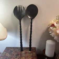 MCM Decor Large Salad Spoon Fork Serving Set Dark Brown Flat Bamboo Shaped~17”