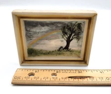 Miniature Ceramic Landscape Art Primitive Rainbow Tree Fields 3-1/2" Hand Paint