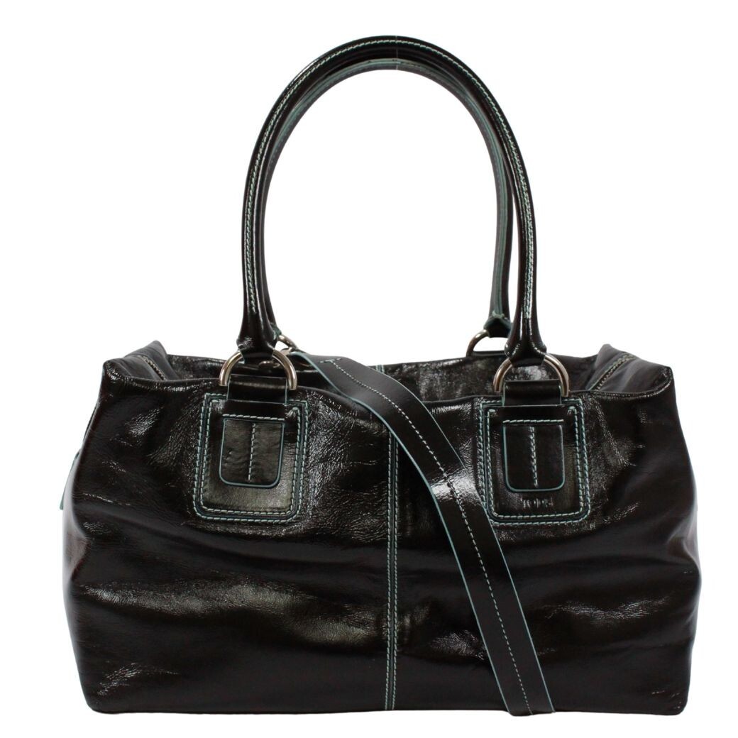 TOD'S Stitched 2Way Patent Leather Handbag Black Light Blue Silver Authentic