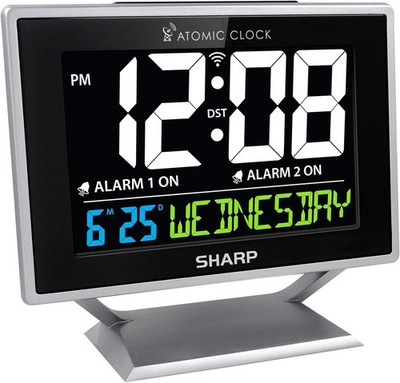 Sharp Desktop Dual Alarm Clock with Color Display - Atomic Accuracy - Silver 