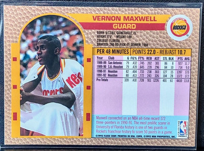 1992-93 Fleer Vernon Maxwell No # On Back Houston Rockets Guard | eBay
