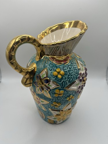 Vintage Belgium Majolica Pitcher #136 Gold Gilding and Bright Floral Pattern - Picture 4 of 7