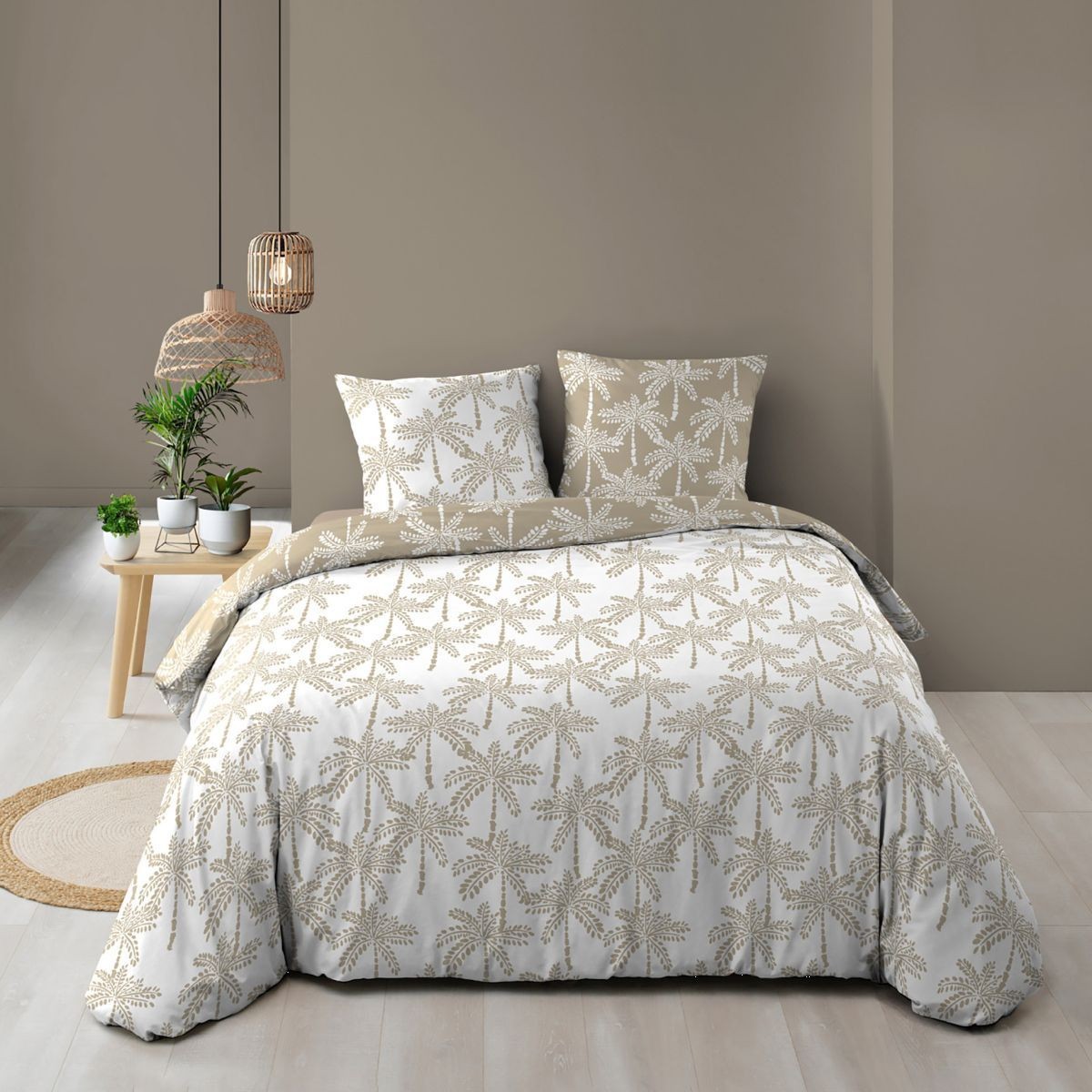 Housse de couette Oliana 260x240cm beige au tissage haut de gamme avec ses taies