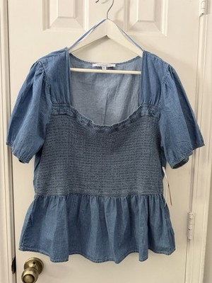 Sweet Rain Women's Blue Smocked Puff Sleeve 100%Cotton Chambray Top NWT- Size 2X