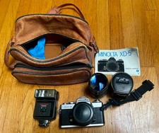 Minolta XD-5 35mm Camera 28mm, 135mm lenses, Flash, Bag, Manual PARTS./REPAIR