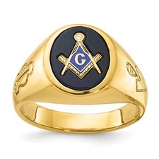 10K Yellow Gold Grooved Oval Onyx Blue Lodge Master Masonic Men's Ring Size 10