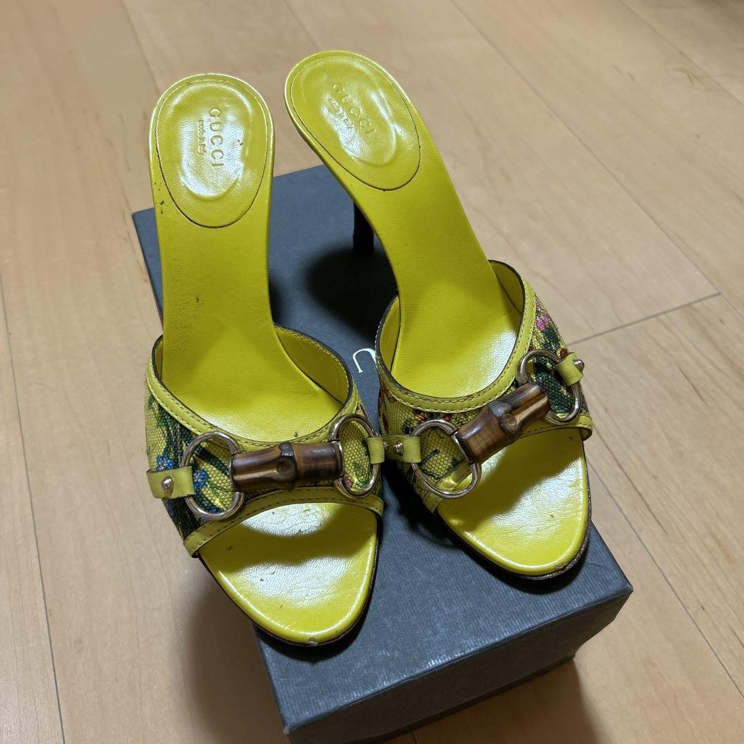 APL GUCCI Mules Sandali Tacco Bambù Tela Floreale Giallo EU37.5 US7.5 68838c