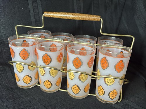 Bicchieri medaglione vintage Libbey giallo arancio smerigliato + caddy pieghevole NUOVI - Foto 3 di 13