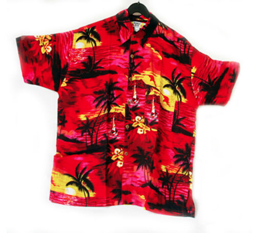 LOUD Hawaiian shirt, RED with palms/ yellow sunsets, L, 52" stag night party new - Picture 1 of 2