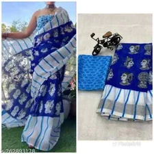 New Linen Cotton Sari With Unstitched Blouse Piece Party Wedding Wear For Women