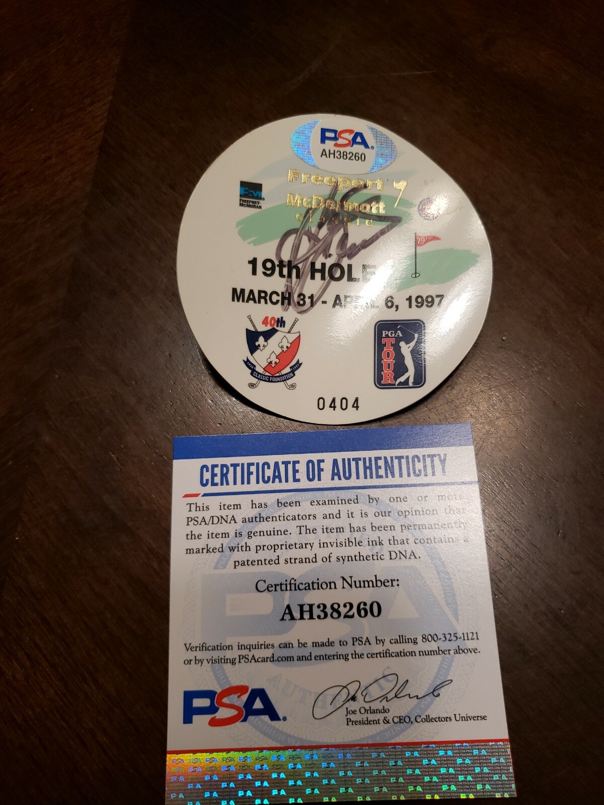Ben Crenshaw Signed 19th Hole Pass, Freeport McDermott, 4/6/97, PSA COA, rare 