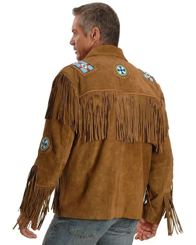 Men Native American Western Cowboy Leather Jacket Suede Coat Fringe Eagle Beads - Picture 2 of 4