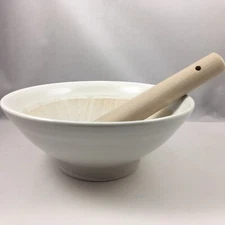 Japanese 7.5"D Ceramic White Suribachi Mortar Bowl w/ Wooden Pestle JAPAN MADE