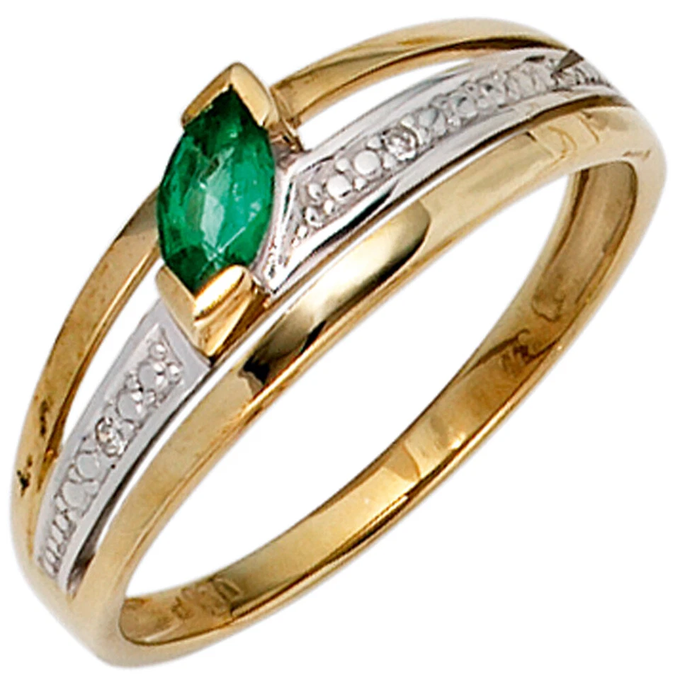 Damenring mit Smaragd und Diamanten 585 Gelbgold 14 Karat glänzend Goldring - Bild 1 von 1