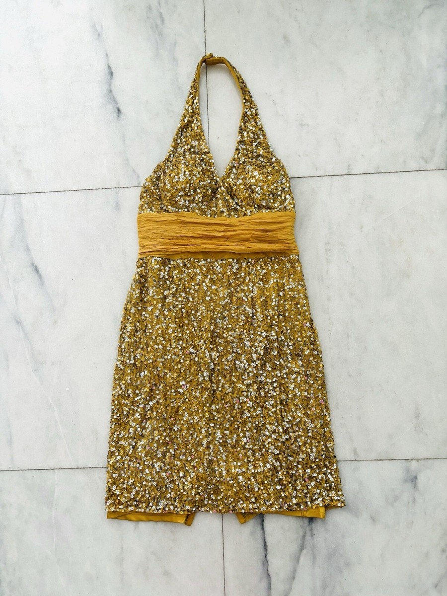 VTG Camille La Vie Dress Yellow Sequin Silk Halter Womens L Party Formal  Event | eBay
