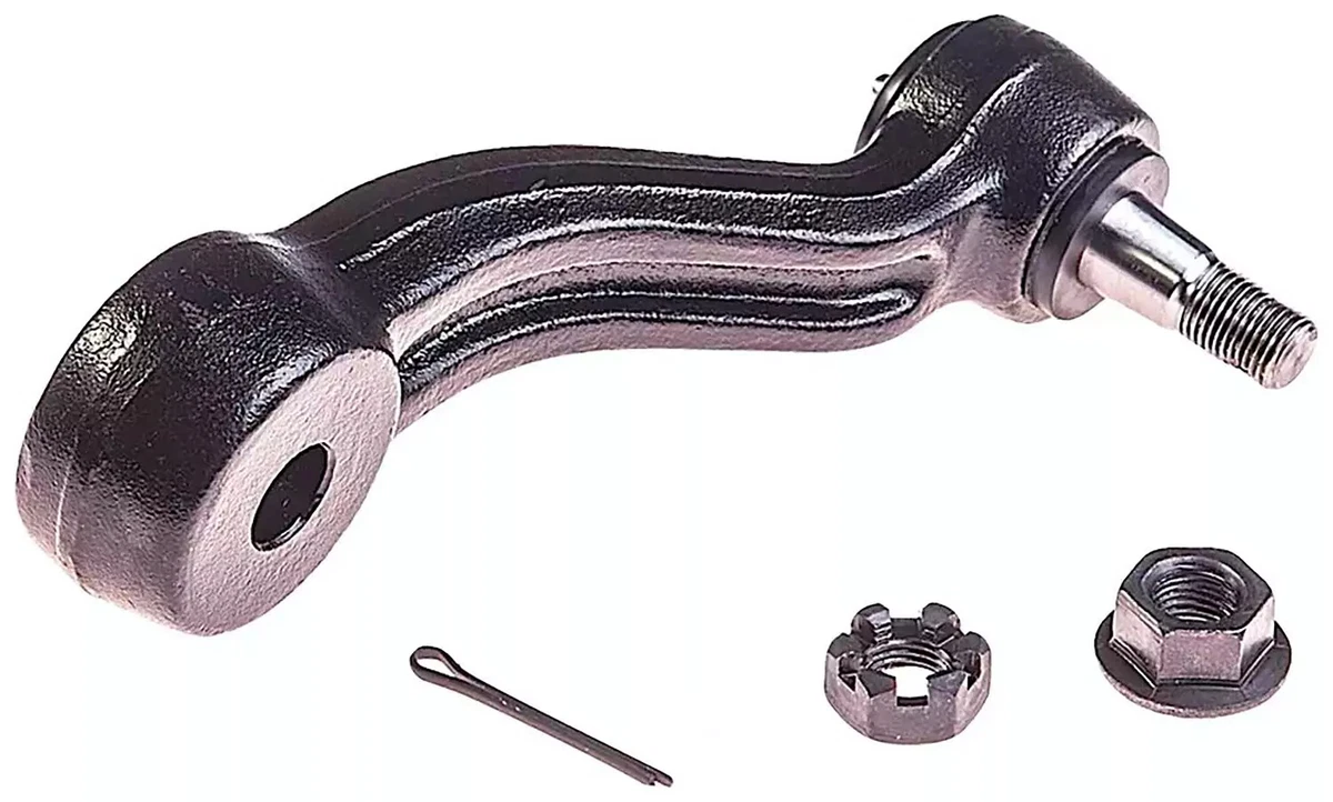 A 1990-2000 General Motors pickup truck idler arm, with a cotter pin and nuts, displayed on a white background.