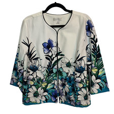 Christopher Banks Womans Open Front Blazer White Floral 3/4 Sleeve Size Large