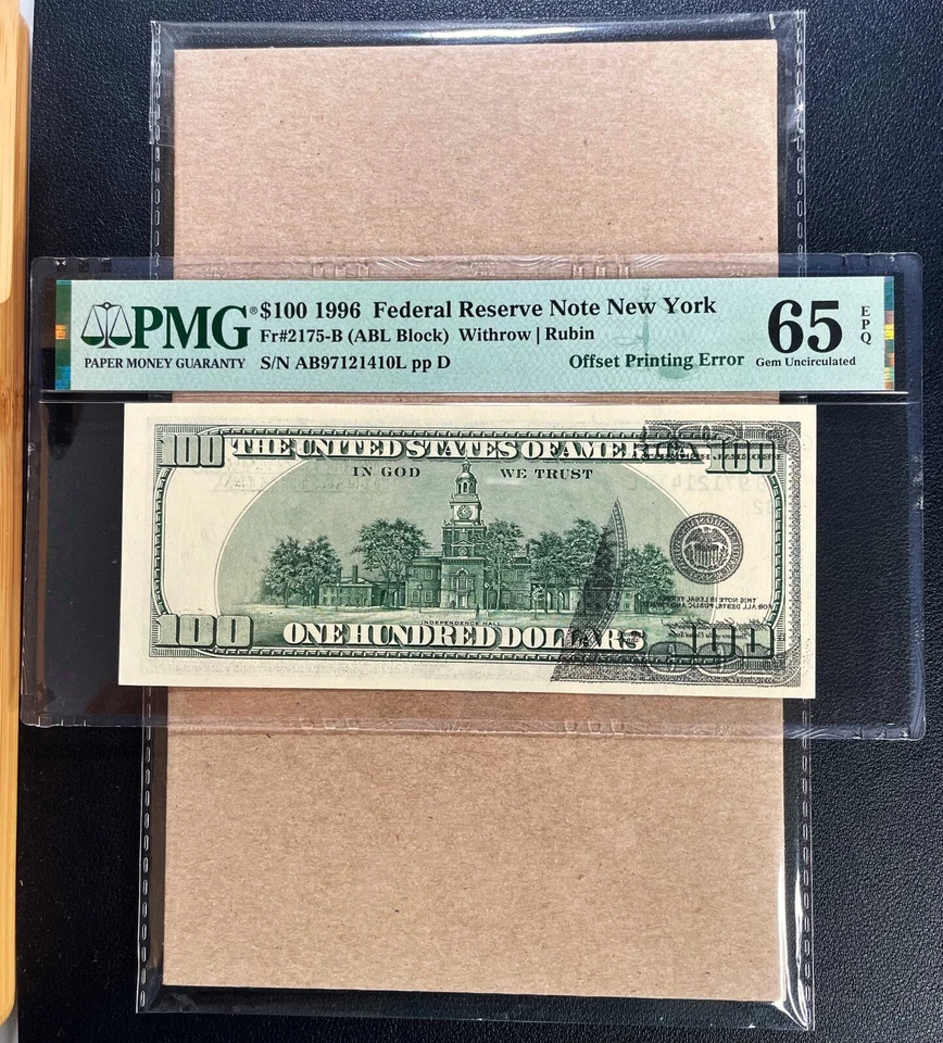Fr. 2175-B 1996 $100 FRN NEW YORK "OFFSET ERROR" PMG 65 EPQ - GEM UNC - Image 2 of 3