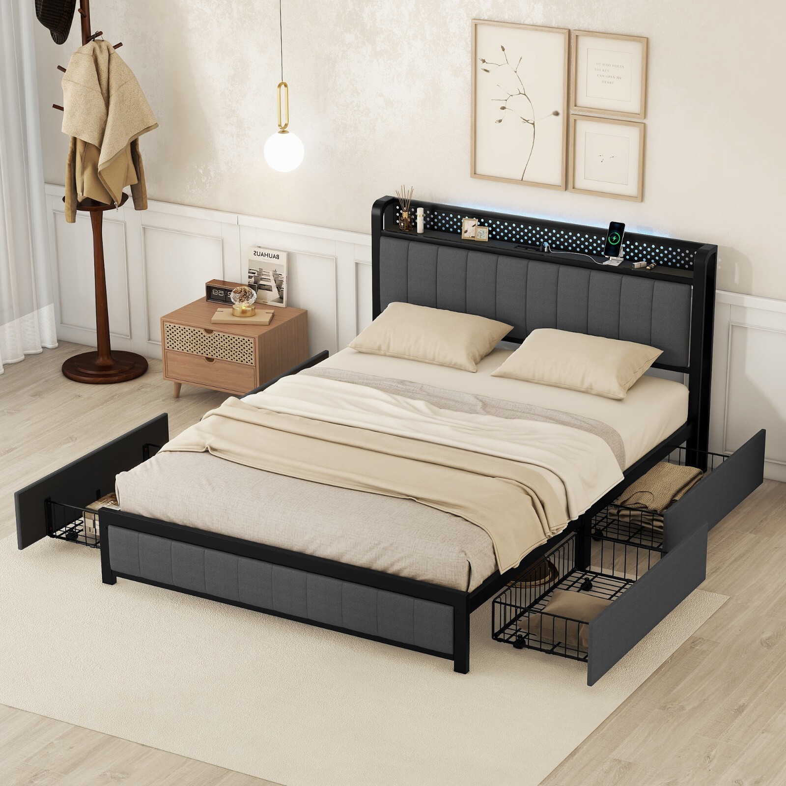 Queen Bed Frame with LED Headboard, Upholstered Bed with 4 Storage Drawers+USB
