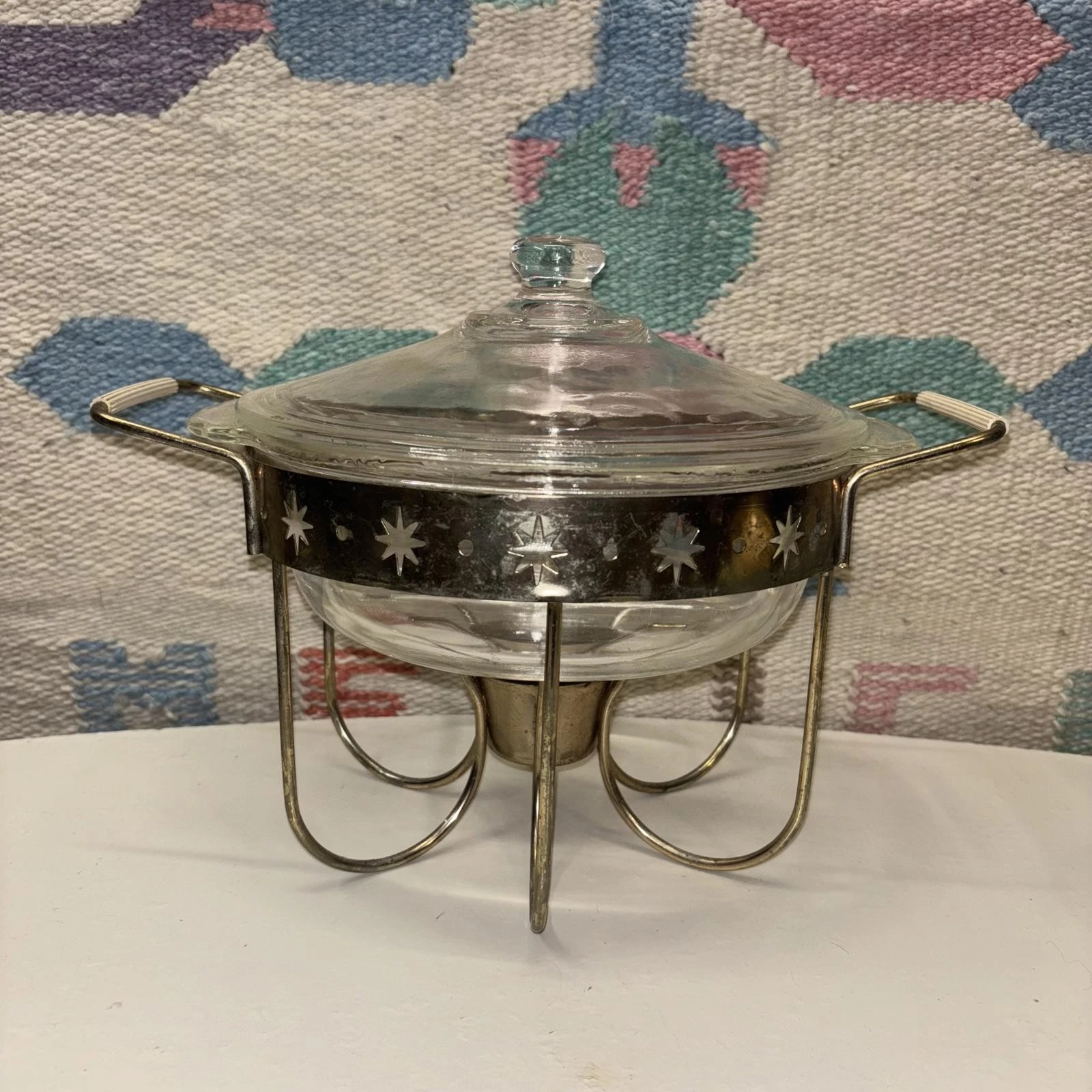 MCM divided Fire-King 1.5 quart casserole dish with stand/warmer