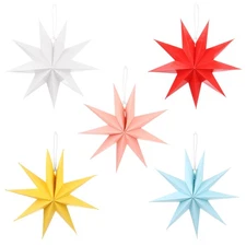 5 Pcs Paper Star Lanterns 9-Pointed Hanging Lampshade, 5 Colors