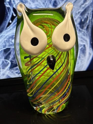 Murano Style Art Glass Owl Figurine Vibrant Stripes Green Thick Heavy Ships Fast