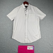 Calvin Klein Shirt Small White Gray Striped Casual Button Up Short Sleeve Mens