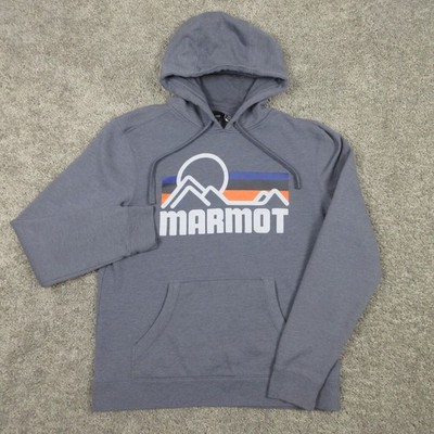 Marmot Sweater Mens Medium Blue Fleece Graphic Mountain Hiking Hoodie Sweatshirt