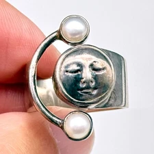 Vintage Moon Face Pearl Sterling Silver Ring Adjustable Size 7.5