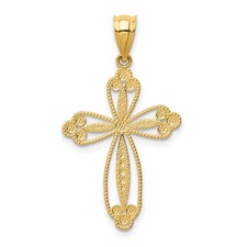 14K Yellow Gold Budded Cross Charm Pendant 1.26 Inch