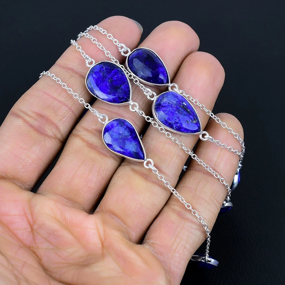 蓝色蓝宝石梨宝石礼物 925 纯银珠宝项链 36" VJ 974 — 第 4/4 张图片