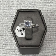 New 925 Sterling Silver Square Blue Aquamarine CZ Halo Ring Size 6