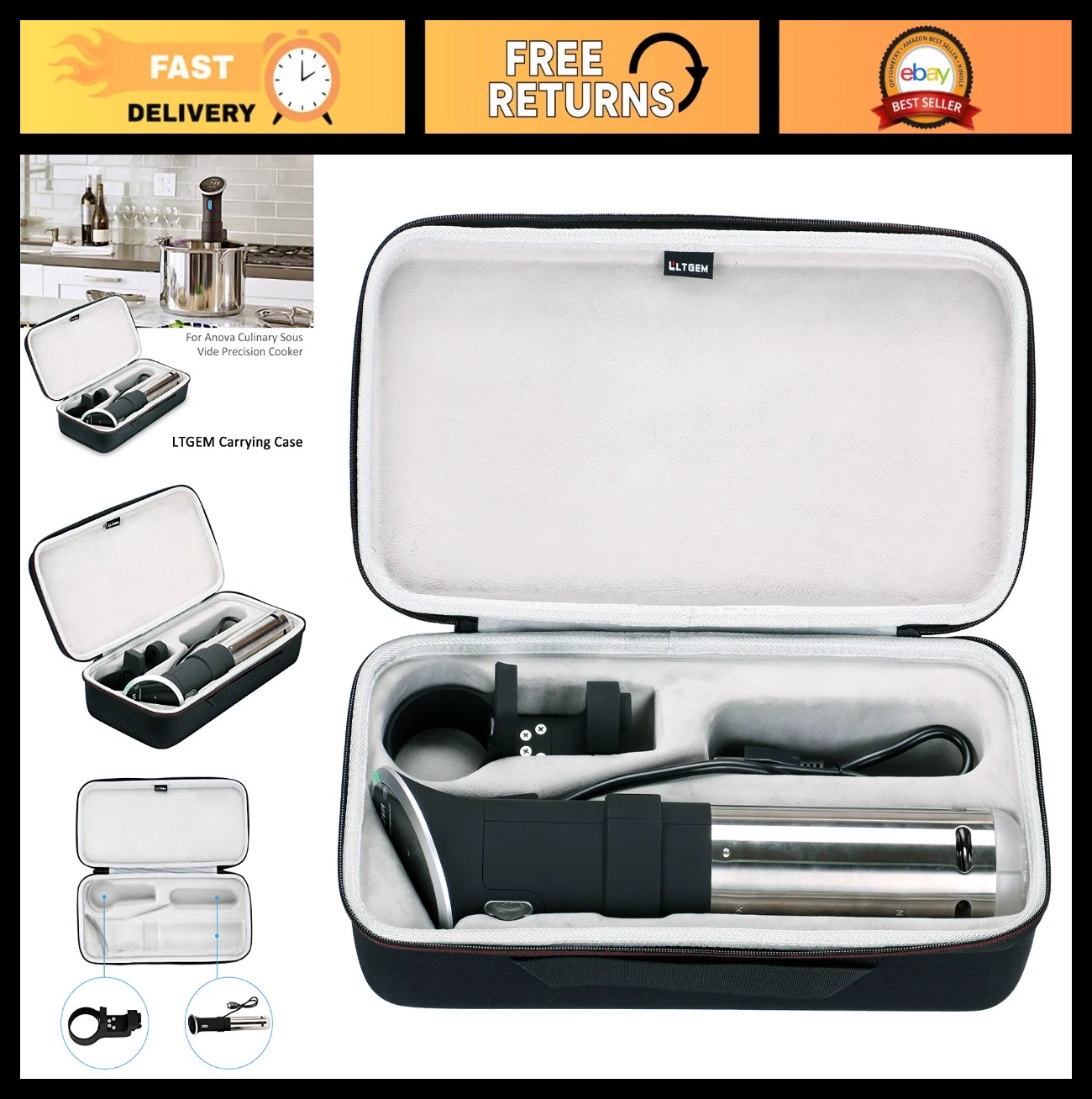 Sous Vide Precision Cooker Case - Compatible with Anova 3.0/2.0/Nano 2.0, Black/
