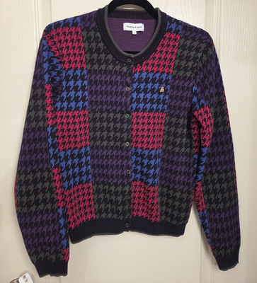 Teddy Fresh Acrylic Knit Houndstooth Button Front Crewneck Cardigan L