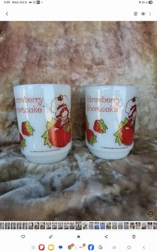 2 Vintage Strawberry Shortcake Anchor Hocking Milk Glass Mugs American Greetings