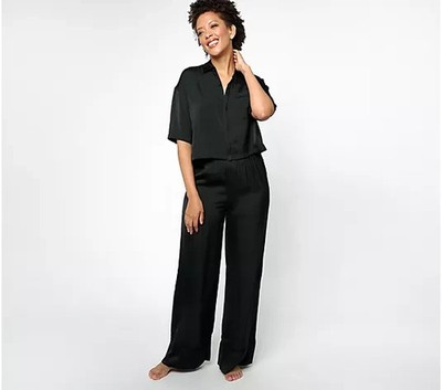Barefoot Dreams Washed Satin Piped Wide Leg Pant, Black 3X A612222