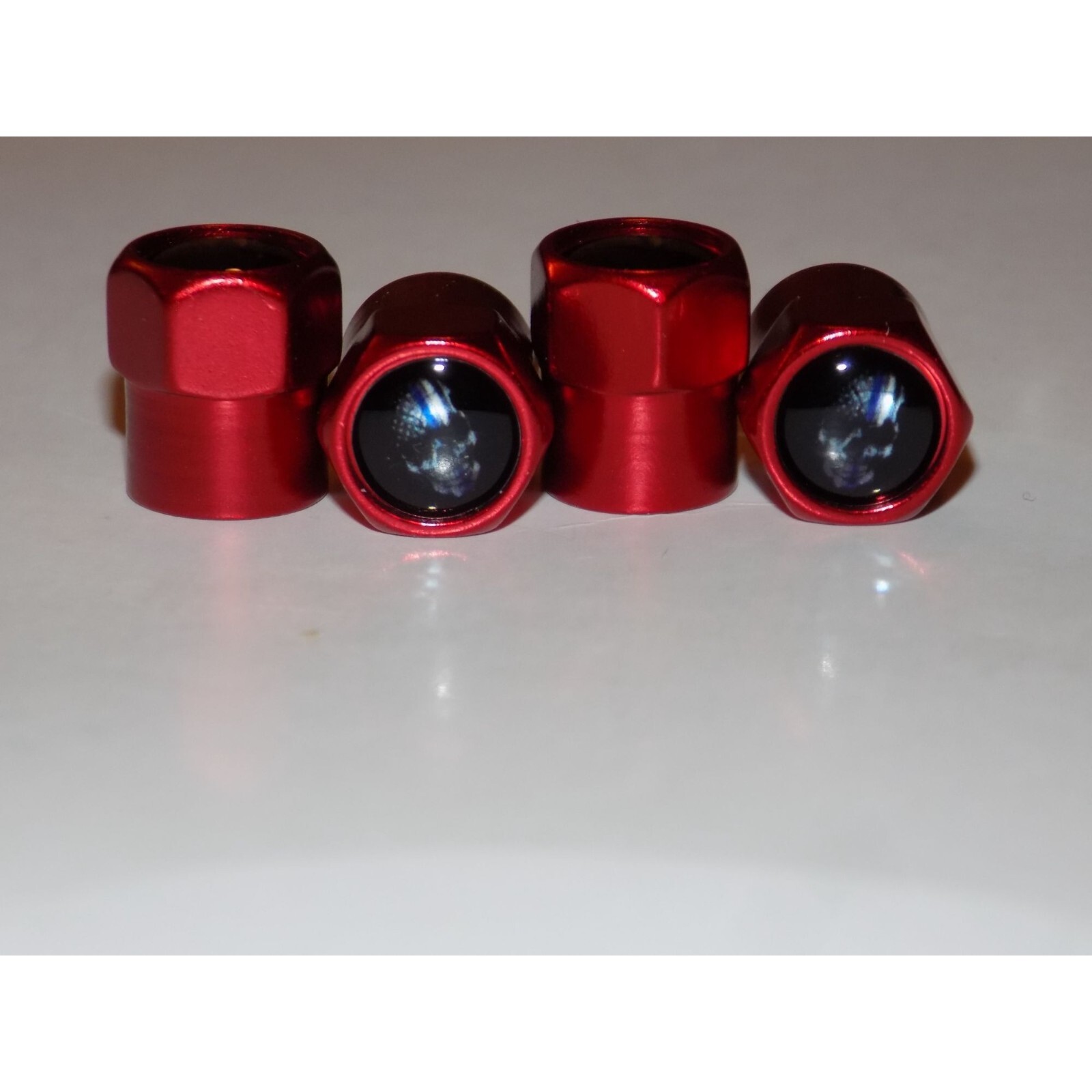 Skull Black Flag Blue Line Valve Stem Caps (Red Standard) Ford