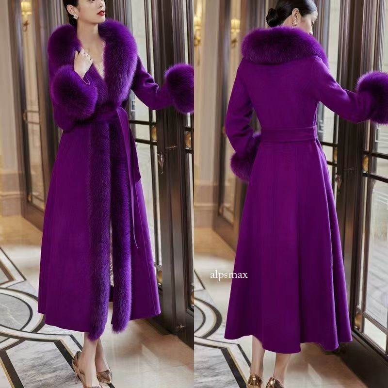 Womens Wool Blend Coat Fur Big Fur Collar Long Cashmere Jacket