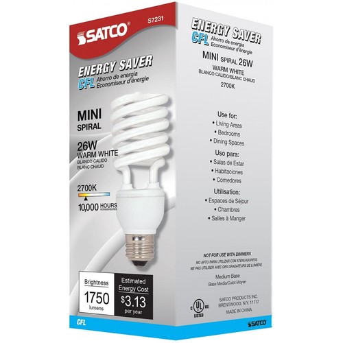 Satco S7231 - 26 Watt Mini Spiral Compact Fluorescent Bulb - 2700K (2 or 6 PACK) - Picture 5 of 8