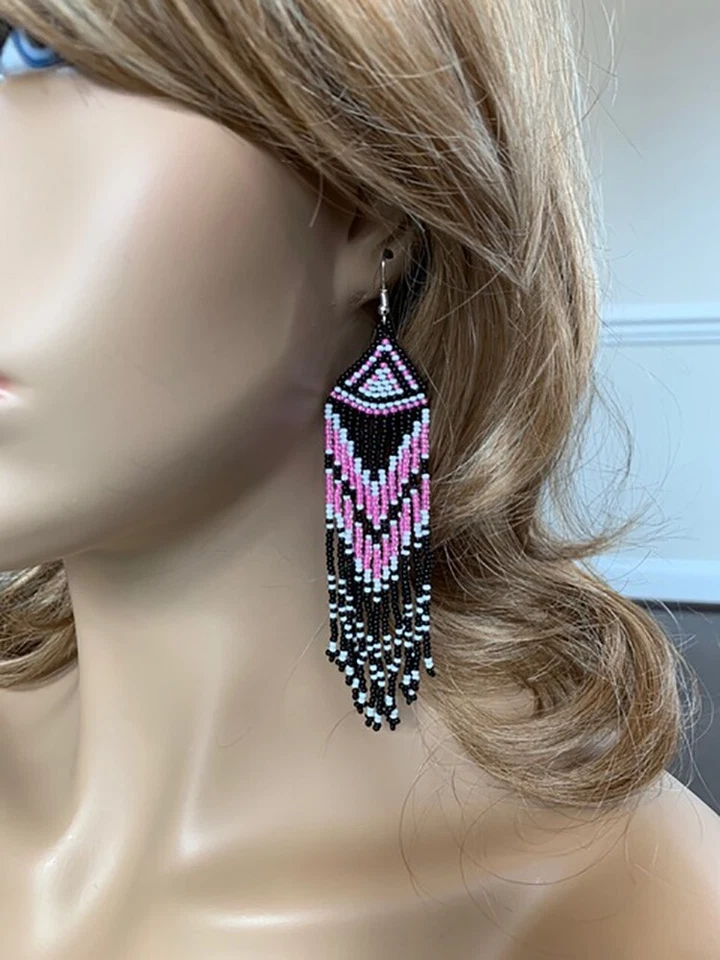 NUEVOS PENDIENTES DE GANCHO ESTILO NATIVO NEGRO ROSA CON CUENTAS HECHOS A MANO MODA LARGA E60/21 Foto 3 de 3