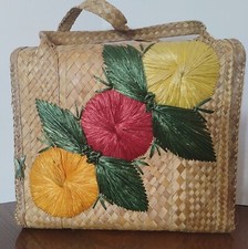 Vintage Beach Bag 1960s Rattan Tote Raffia Floral Motfit Tropical Tourist