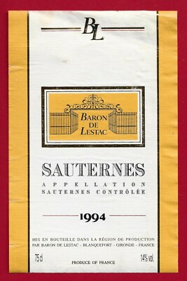 75/11 Etikett Label BORDEAUX SAUTERNES BARON DE LESTAC 1994 in BLANQUEFORT