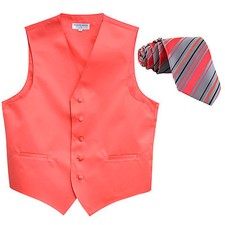 New Men's Formal Vest Tuxedo Waistcoat coral stripes patterned tie wedding