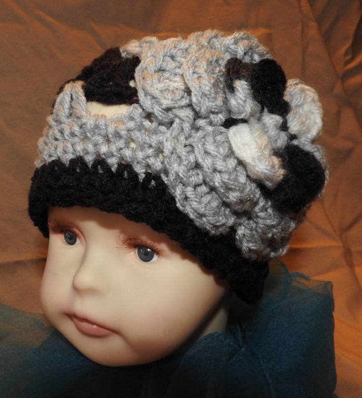 Small Beanie flower  design hand crochet Child  Baby hat BLACK GRAY Raiders NEW