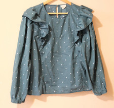 A.N.A Womens Blouse XL Green Lightweight Ruffle p32-46 Crew Neck p32-46