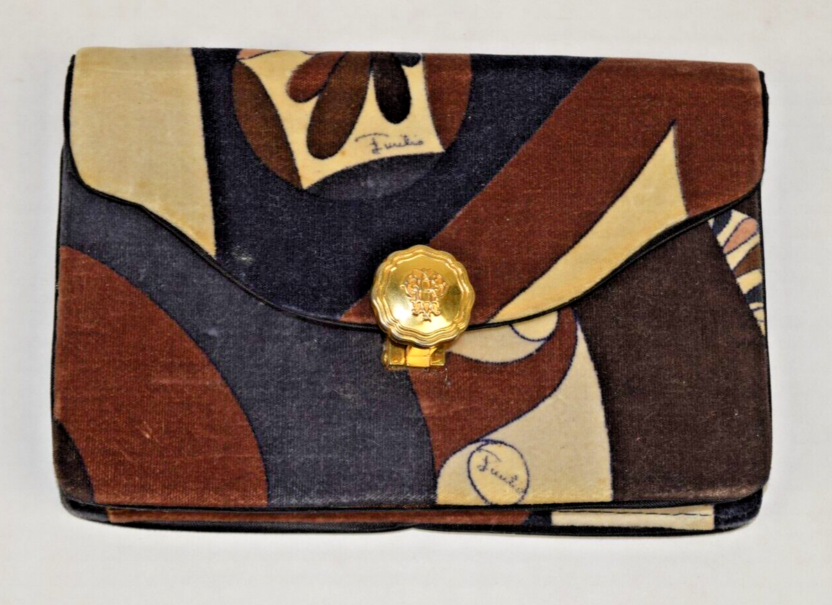 Vintage Emilio Pucci Coin Purse 60s Shades Beige Blue Velvet Gold