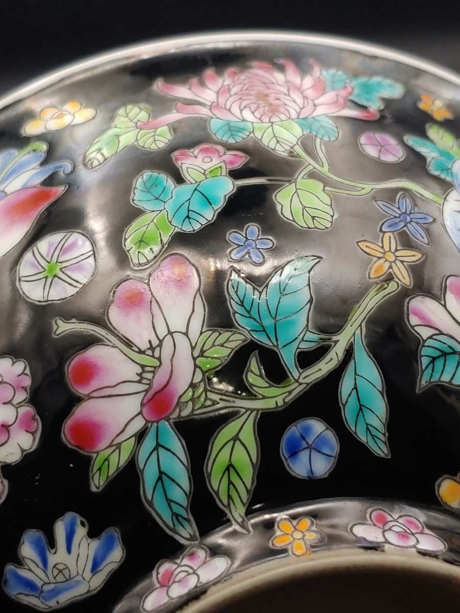 景德镇十大瓷厂草帽款墨地粉彩Group Vintage China Noire Rose Artwork