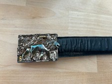 Vintage Black Leather Silver Lion Belt Women Rare