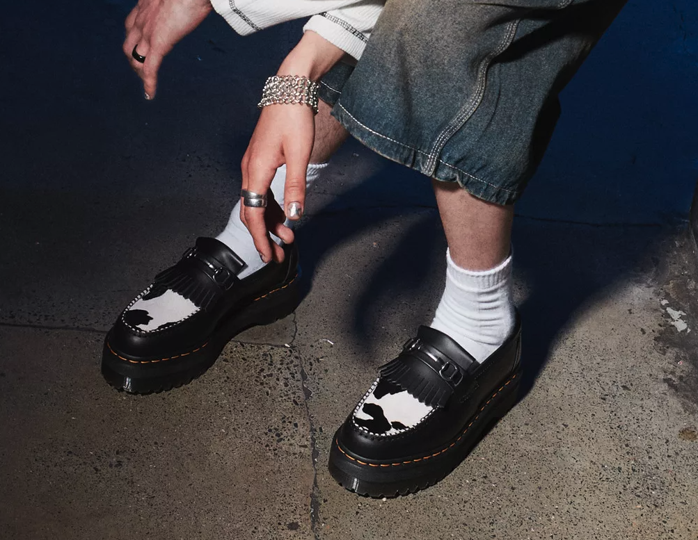 DR. MARTENS ADRIAN SNAFFLE HAIR-ON COW PRINT PLATFORM LOAFER DR. MARTENS ADRIAN SNAFFLE HAIR-ON COW PRINT PLATFORM LOAFER