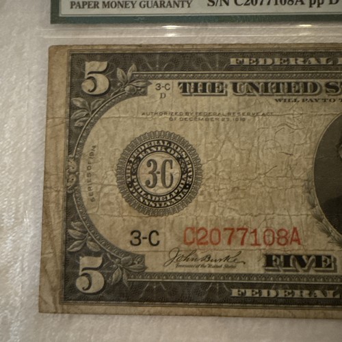 1914 $5 Federal Reserve Note Philadelphia Red Seal Large Note PMG 20 very fine - Picture 3 of 8